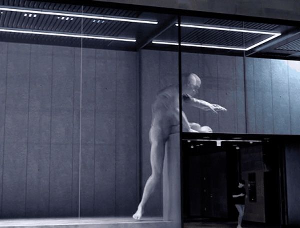 Athletes playing parkour in a 3D naked eye LED screen magical space